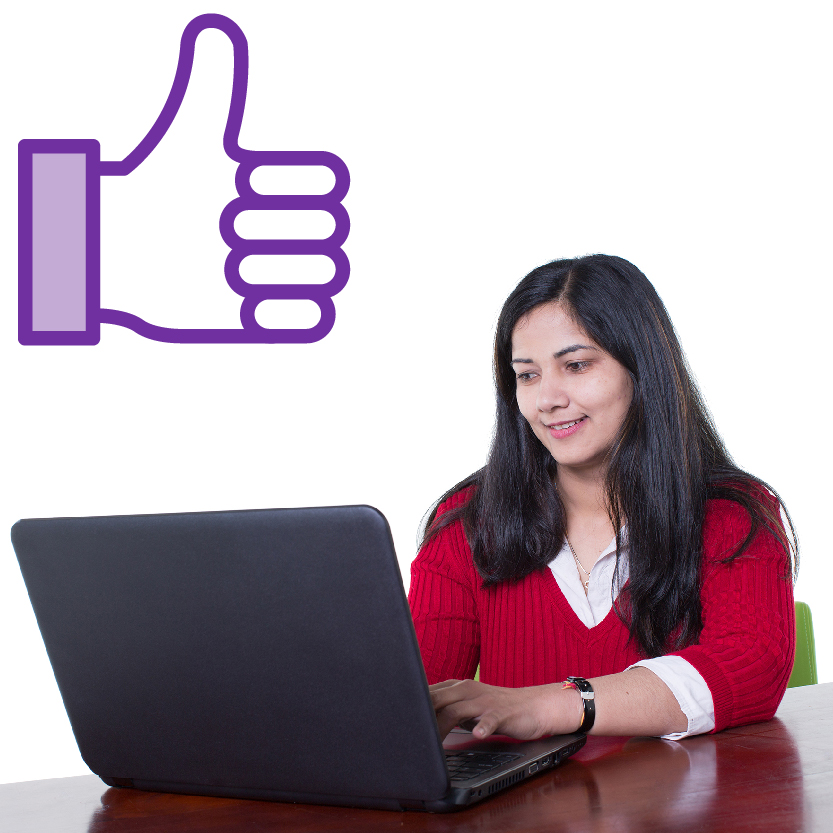 A person using a computer and a thumbs up.