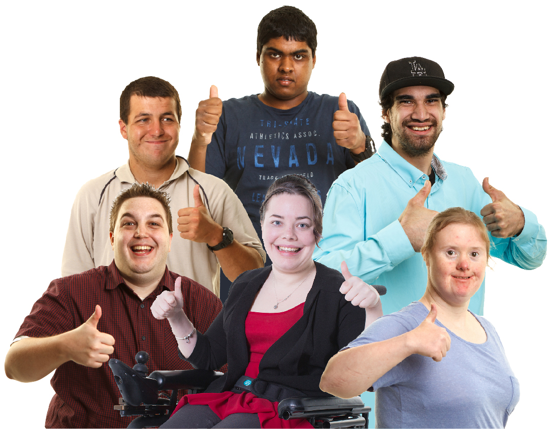 A group of people raising their hands and pointing at themselves. One person is in a wheelchair.