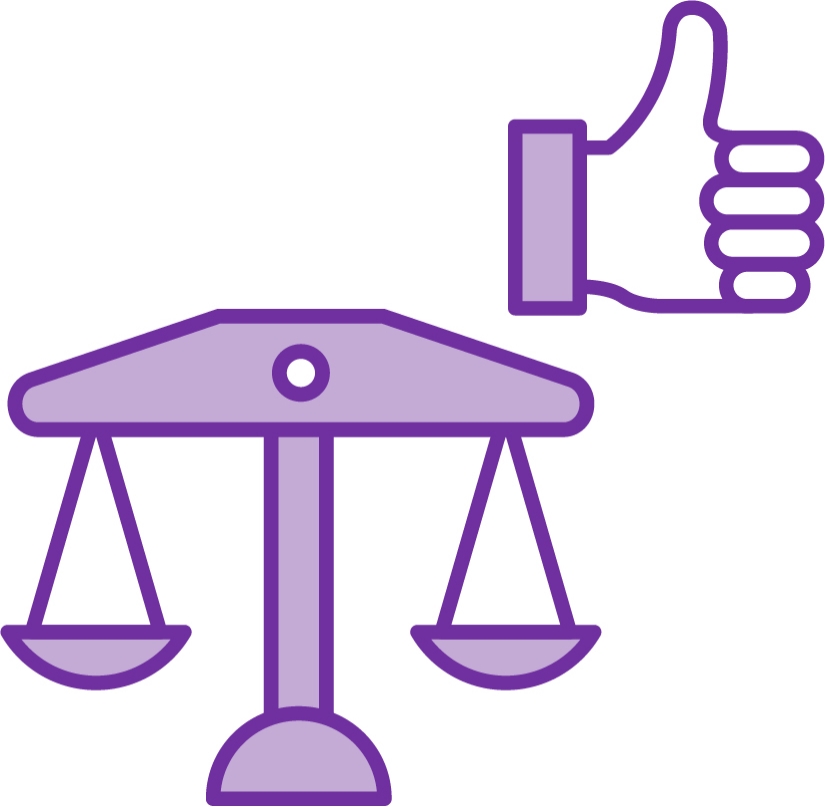 A justice scale and a thumbs up.