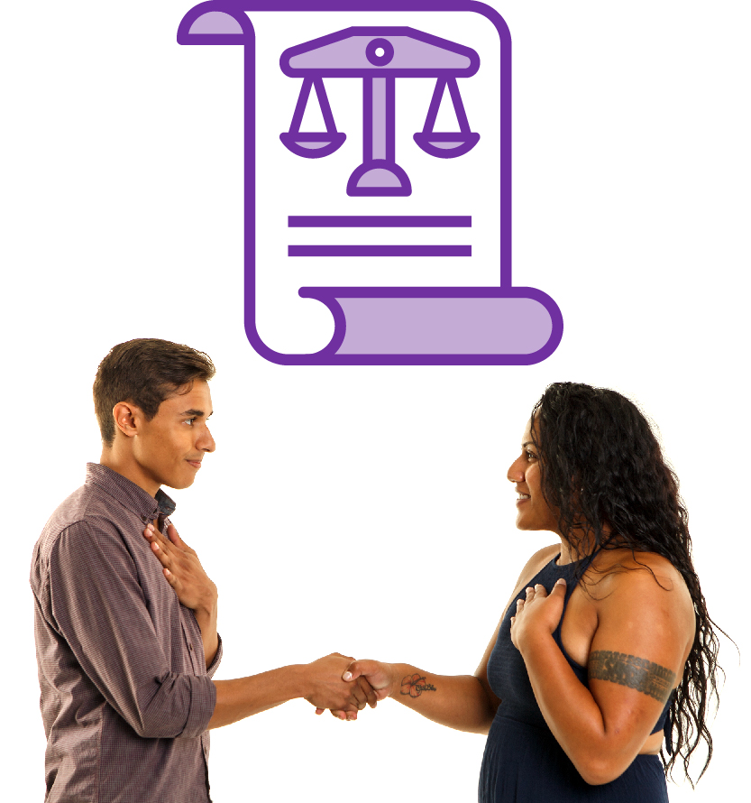 2 people shaking hands. Above them is a law document with a justice scale on it.