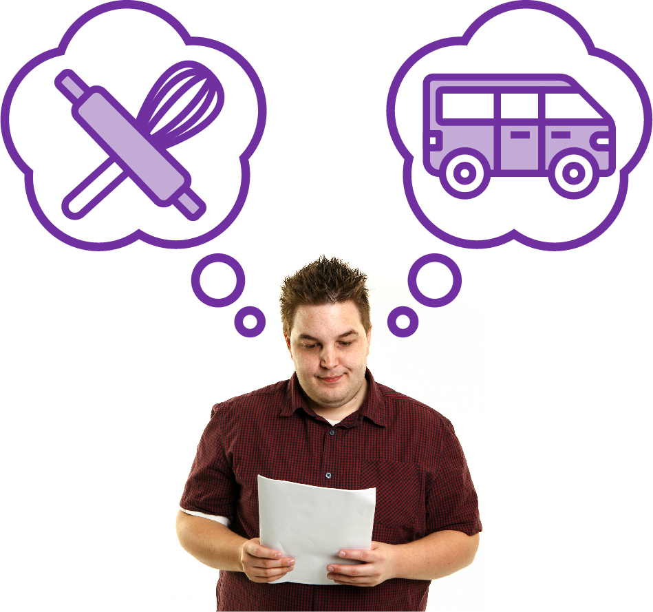 A person reading a document. Above them is 2 thought bubbles. Inside one thought bubble is a cooking icon and inside the other is a transport icon.
