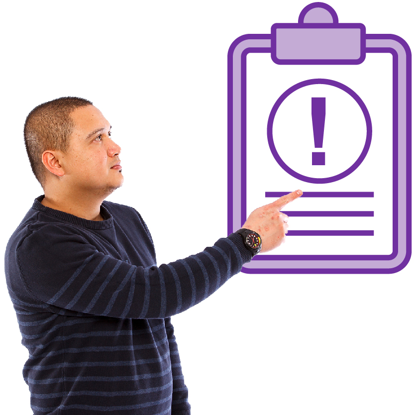 A person pointing at a document. There is an importance icon on it.