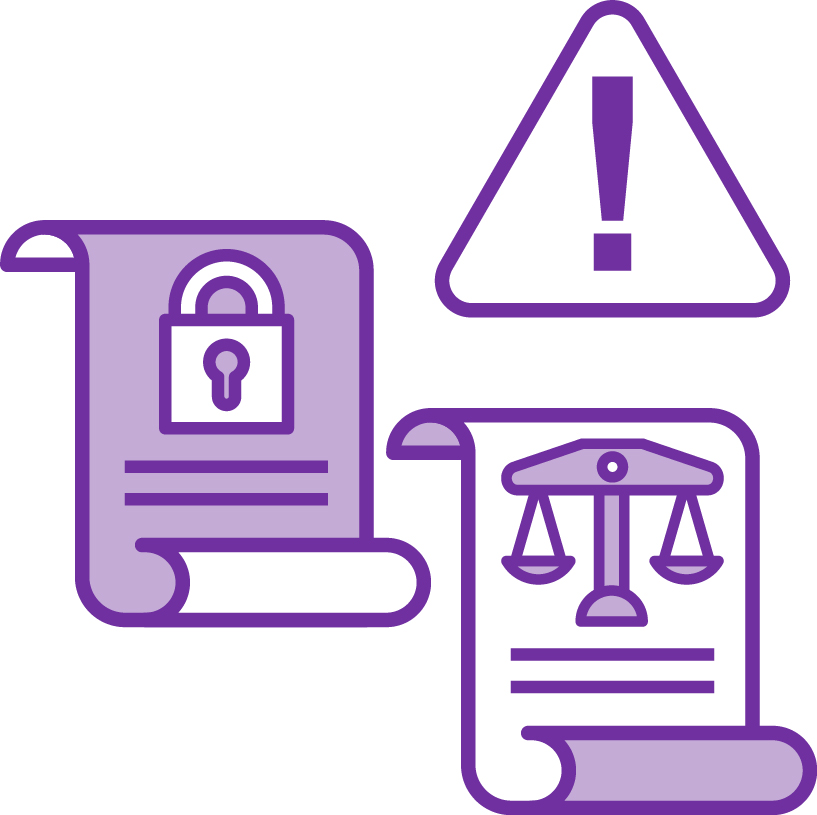 2 law documents and a problem icon. One document has a locked padlock on it and the other has a justic scale on it.