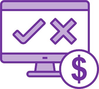A money icon and a computer with a tick and a cross on the screen.
