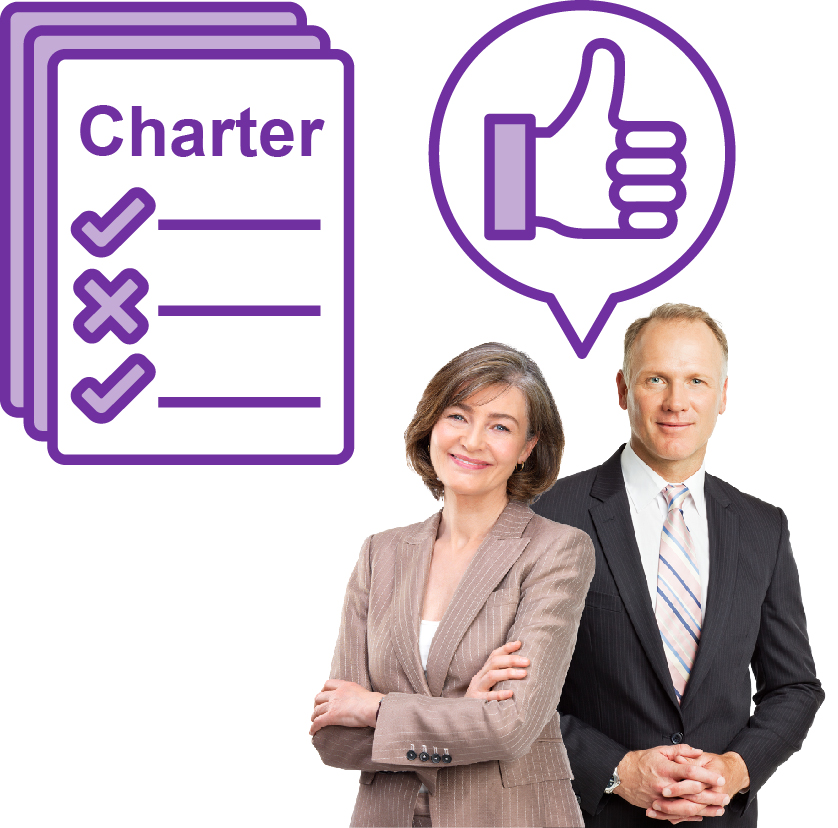 A charter document and 2 mininsters with a speech bubble between them. Inside the speech bubble is a thumbs up.