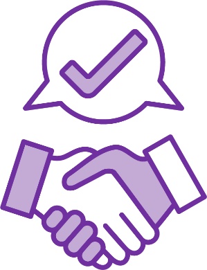 A handshake and a speech bubble with a tick inside it.