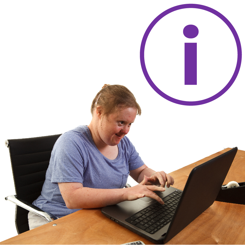 A person using a computer and an information icon.