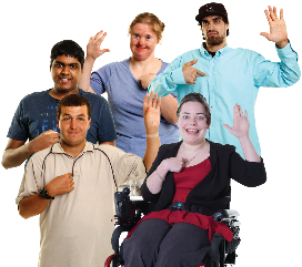 A group of people with disability pointing at themselves and smiling.