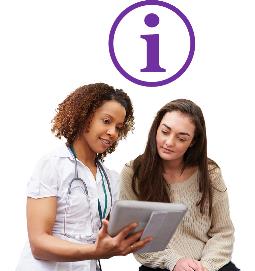 A health care provider looking at an iPad with a patient, there is an information icon above them. 