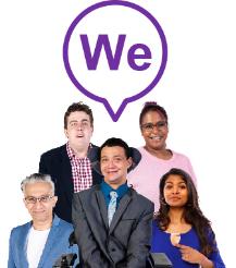 A diverse group of people. Above them is the word 'We' in a speech bubble.