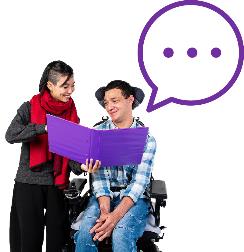 A person showing a document to another person, there is a speech bubble next to this person.