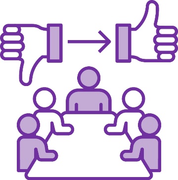 A group of people sitting at a table and a thumbs down icon with an arrow pointing to a thumbs up icon.