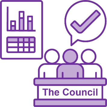 A data icon and a Council icon with a speech bubble. The speech bubble has a tick in it.