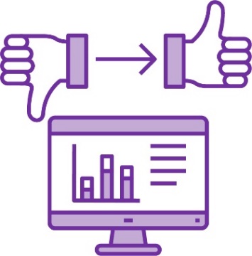 A data icon and a thumbs down icon with an arrow pointing to a thumbs up icon.