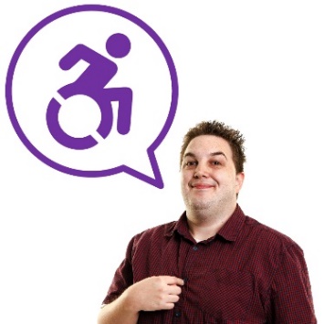 A person with disability pointing at themselves. They have a speech bubble with a disability icon inside of it.