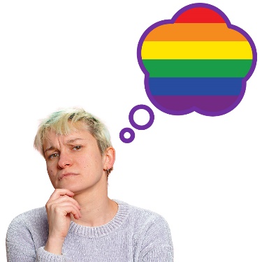 A person thinking and a rainbow thought bubble.