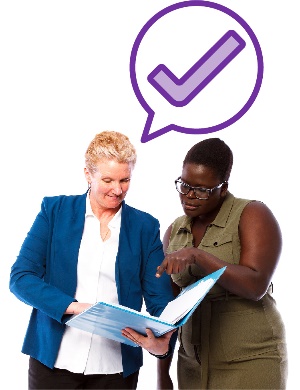 2 people looking at a document and a speech bubble with a tick inside it.