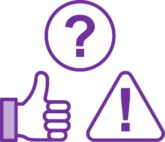 A question mark, a thumbs up and a problem icon.