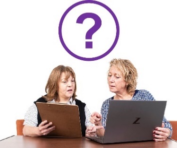 A question mark and 2 people looking at a clipboard and a computer.