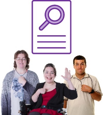 A research document and 3 people with disability pointing at themselves.