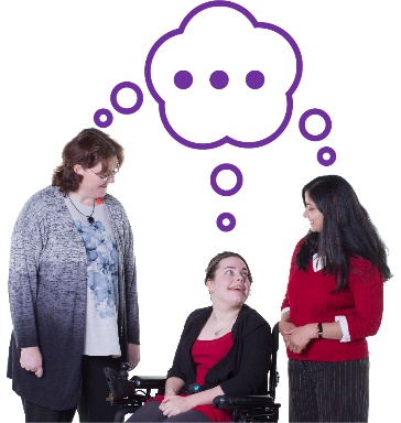 3 people and a speech bubble. One of them is in a wheelchair.