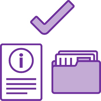 A tick icon above an information icon and a folder with documents in it.