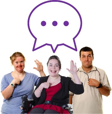 A group of people with disability pointing at themselves and a speech bubble.