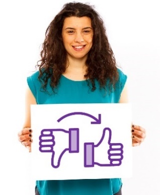 A person holding a sign. It has an image of a thumbs down icon with an arrow pointing to a thumbs up icon.
