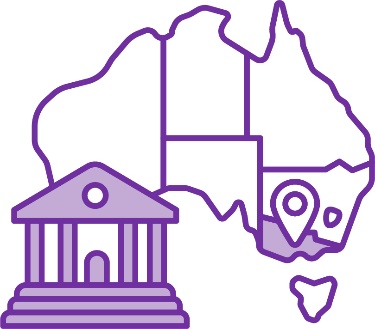There is a government icon and a map of Australia. Victoria is highlighted and has a location icon over it.