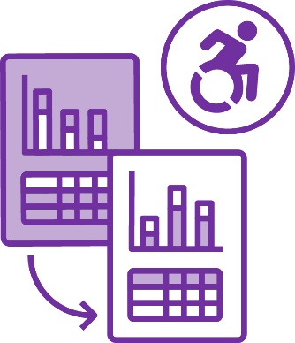 An arrow pointing from a document with data on it to a different document with data on it. Above them is a disability icon.