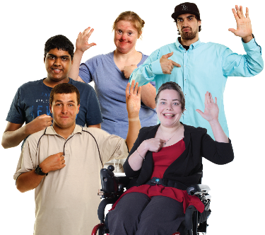 A group of people with disability raising their hands and pointing at themselves.