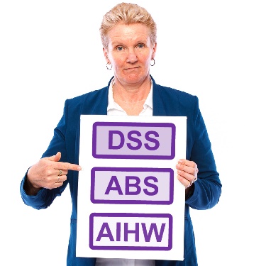 A person pointing at a document that says 'DSS', 'ABS' and 'AIHW'.