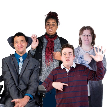 A group of people with disability raising their hands and pointing at themselves. 