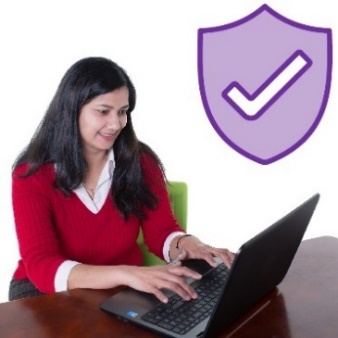 A person using a computer and a safety icon.