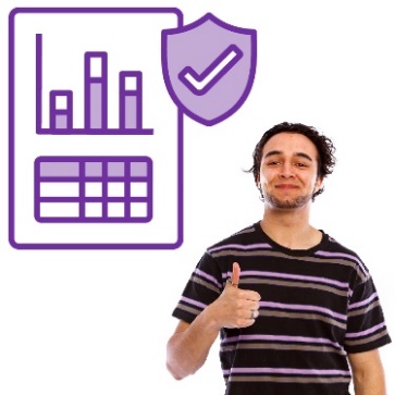 A person giving a thumbs up. Beside them is a document with data on it and a safety icon.