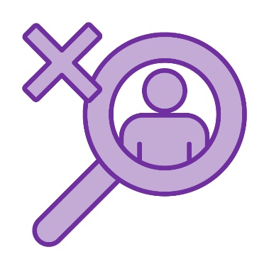 A magnifying glass showing a person. There is also a cross.