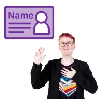 A person raising their hand and pointing at themselves and an ID card.