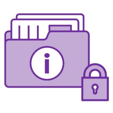 A folder with an information icon on it and a locked padlock beside it. Inside the folder is a stack of documents. 