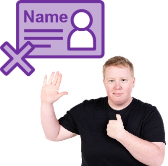 A person pointing at themselves and raising their hand. Above them is an ID card and a cross.