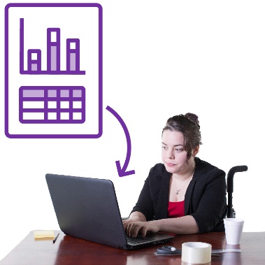 An arrow pointing from a document with data on it to a person using a computer. 