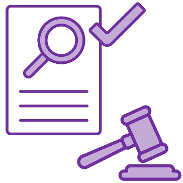 A document with a magnifying glass and a tick. Below it is a gavel. 