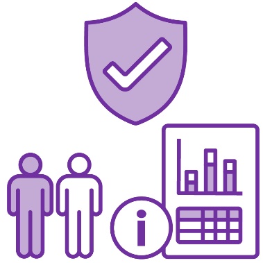  2 people beside a document with data on it and an information icon. Above it is a safety icon.