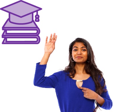A person pointing at themselves and raising their hand and an education icon. 