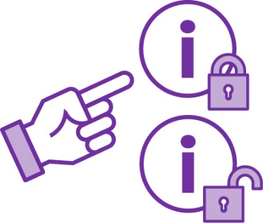 A hand choosing between an information icon with a locked padlock and an information icon with an unlocked padlock. The hand is pointing to the locked padlock.