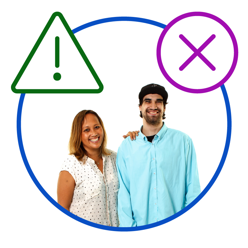 A person supporting someone else. There is a problem icon and a cross above them.