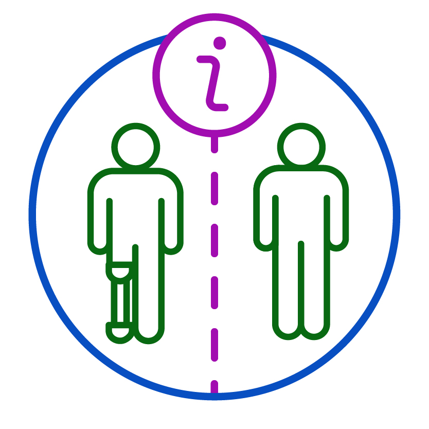 A person with disability and a person without disability. Above them is an information icon.