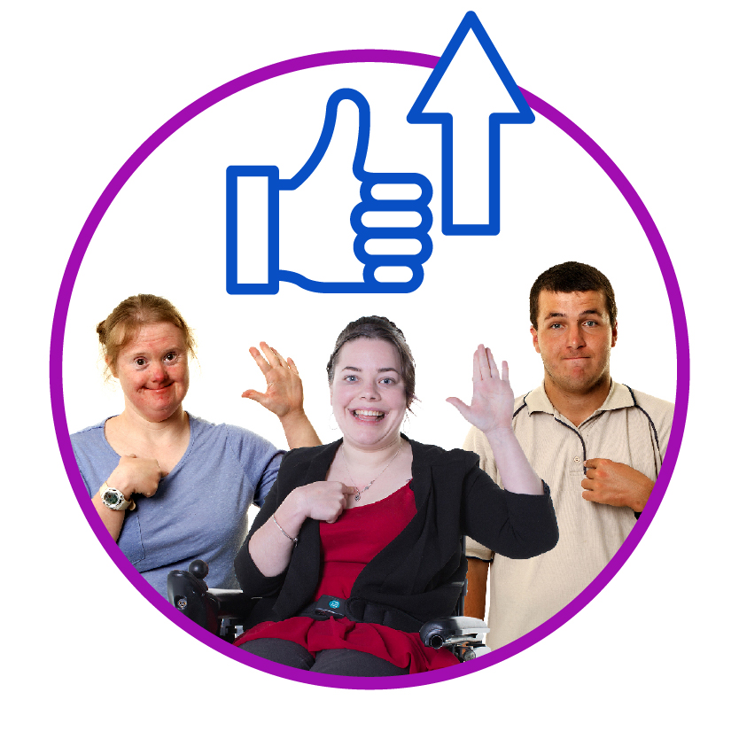 3 people with disability pointing to themselves. Above them is an upwards arrow and a thumbs up.
