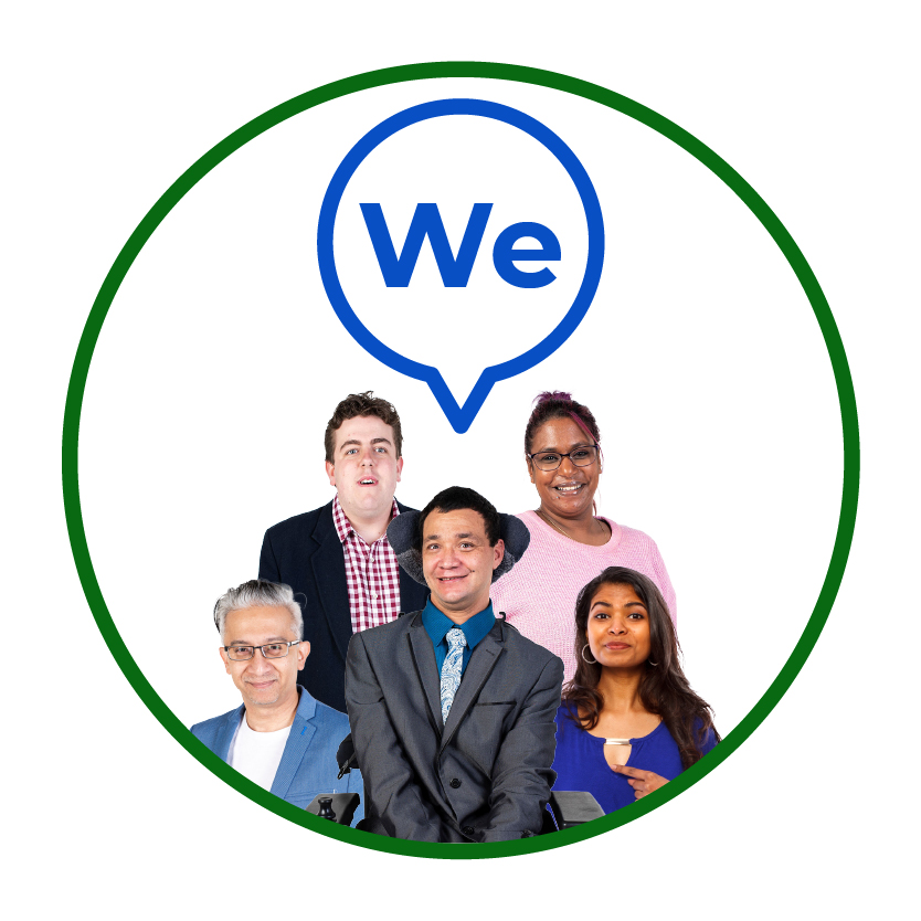 A group of people beneath the word 'We' inside of a speech bubble.