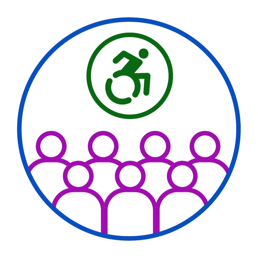 A large group of people and a disability icon.