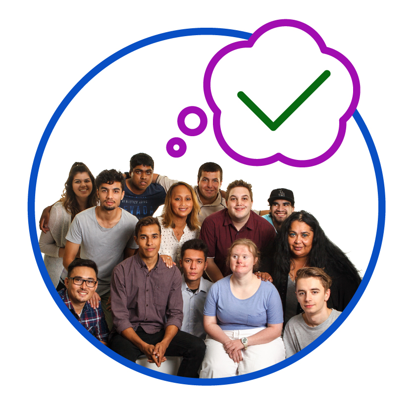 A large diverse group of people. Above them is a tick in a thought bubble.